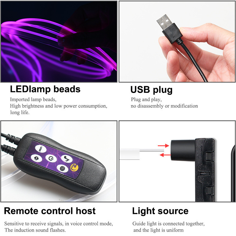 Autóbelső világítás Dekoratív környezeti lámpa 64 szín Több mód Hangvezérlés USB optikai szál neon légköri fénycsík