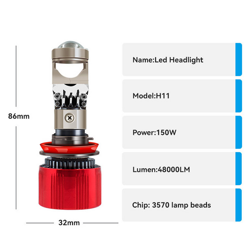 Itin ryškūs 150W H7 H11 HB4 LED priekiniai žibintai Automobilio H4 mini projektoriaus objektyvas 6000k 48000LM tolimųjų šviesų turbo ventiliatorius automatiniai automobilių žibintai