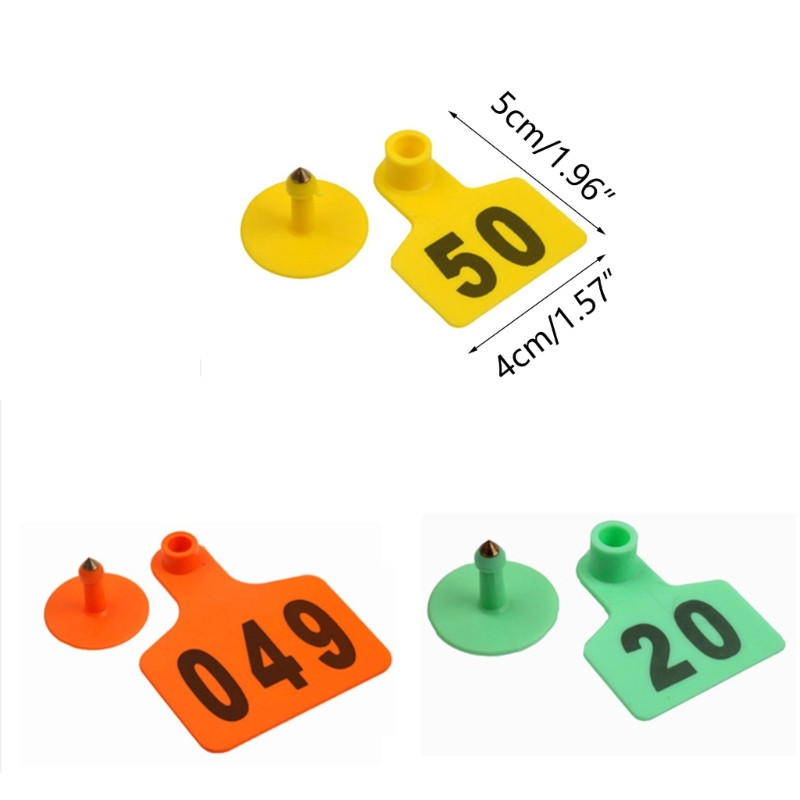 Numerirane plastične ušne markice za stoku 1-100 Životinjske etikete Zeleno Žuto Narančasto