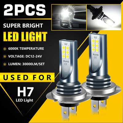 2pcs Car H7 LED Headlight Super Bright High Low Beam Fog Bulbs 30000LM 6000K White IP67 12V 24V Auto Lighting