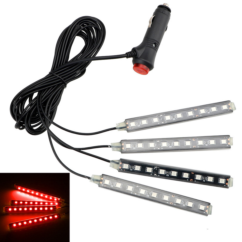 Dash Floor Foot Strip Lights Lampă decorativă auto 9 LED 4 în 1 Lumini de atmosferă pentru interiorul mașinii Adaptor pentru brichetă