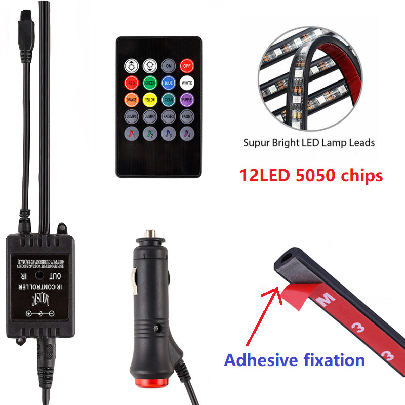 LED-auto jalavalgusti ümbritsev lamp USB juhtmevaba muusika kaugjuhtimispuldiga mitme režiimiga Autode interjööri dekoratiivsed RGB tuled