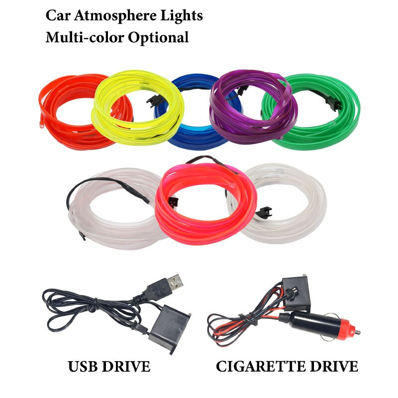 3M kék LED autóbelső dekorációs lámpa EL vezetékes neon csík auto barkácsoláshoz, rugalmas környezeti világításhoz USB-vel
