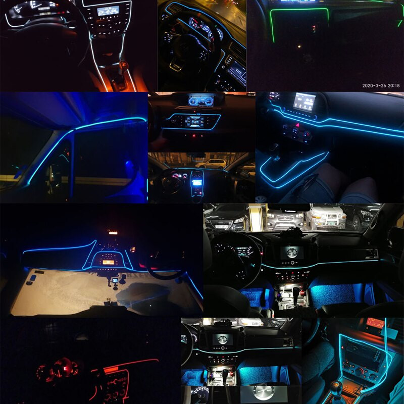 3M kék LED autóbelső dekorációs lámpa EL vezetékes neon csík auto barkácsoláshoz, rugalmas környezeti világításhoz USB-vel