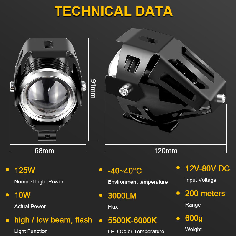 Motociklo priekinis žibintas U5 LED prožektoriai Moto pagalbiniai žibintai DRL motociklų žibintai rūko žibintai universalūs 12V dviračiams automobiliams