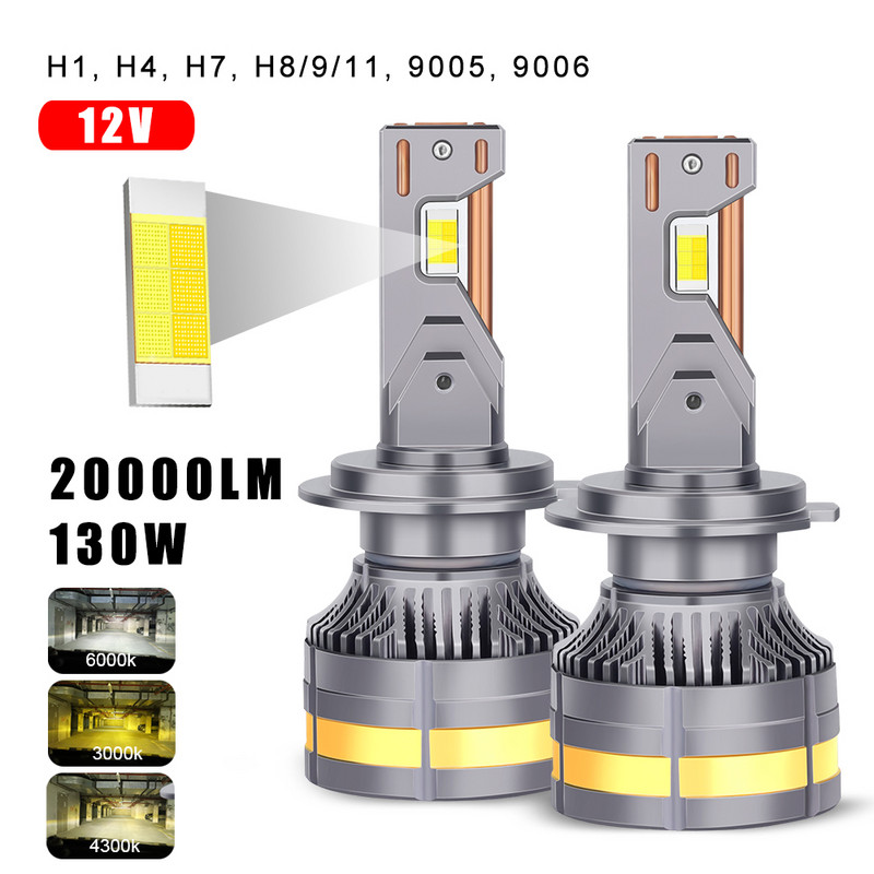 H4 H7 Bec LED pentru faruri auto H1 H8 H9 H11 9005 9006 130W 20000LM 3 culori 3000K 4300K 6000K Bec LED IP68 Impermeabil Răcire rapidă