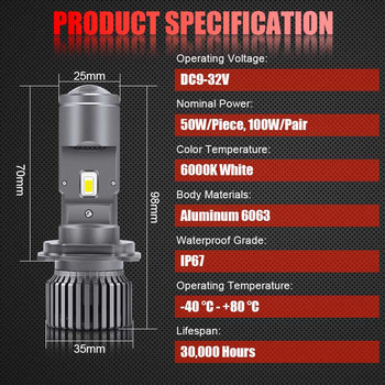 H4 Headlight αυτοκινήτου A3 H4 LED Headlight Projector Lens 100W Mini Projector Light Bulb High Low Beam Plug-and-play LED Headlight