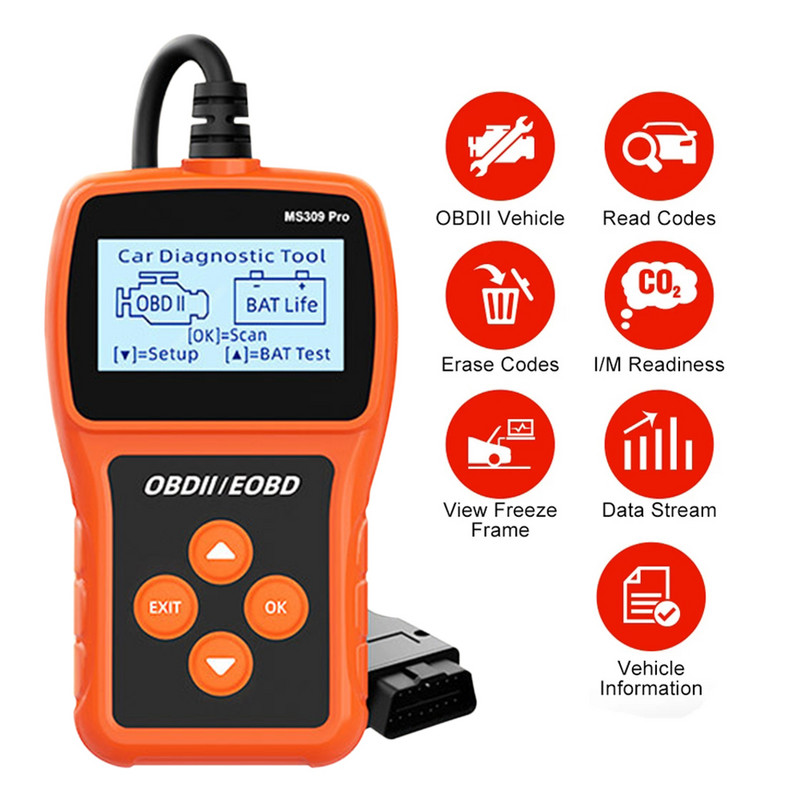 MS309PRO OBD2 Scanner Instrument de diagnosticare Tester baterie Cititor de coduri de eroare pentru mașină Analizor de testare a motorului auto Afișaj 2,4"