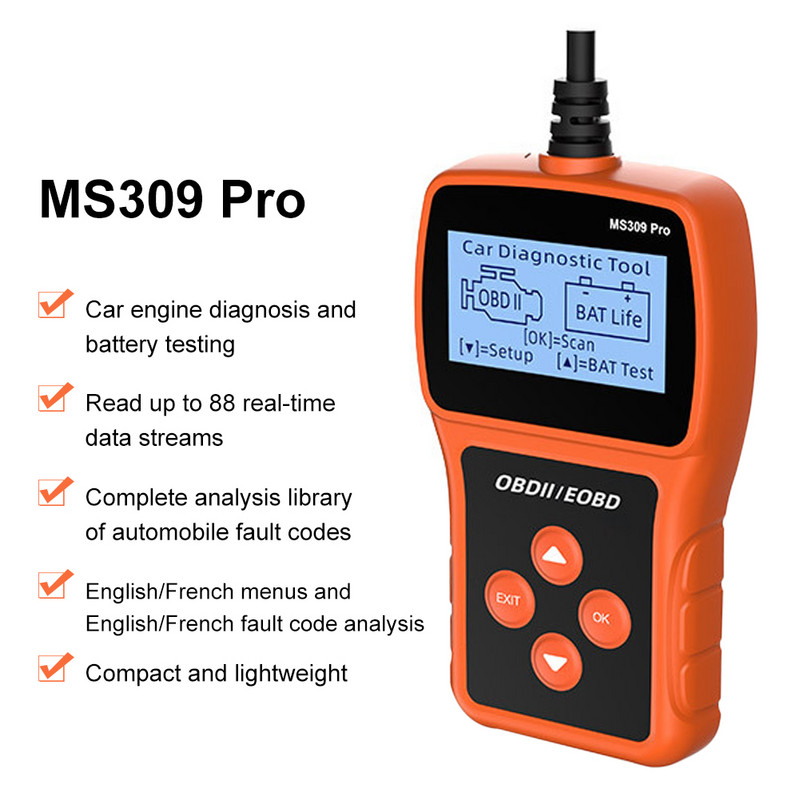MS309PRO OBD2 Scanner Instrument de diagnosticare Tester baterie Cititor de coduri de eroare pentru mașină Analizor de testare a motorului auto Afișaj 2,4"