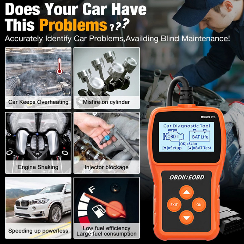 MS309PRO OBD2 Scanner Instrument de diagnosticare Tester baterie Cititor de coduri de eroare pentru mașină Analizor de testare a motorului auto Afișaj 2,4"