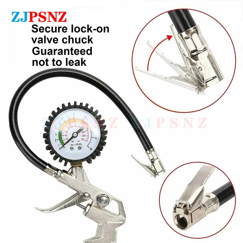 0-220/0-16BarPsi automobilių padangų slėgio matuoklio slėgio pistoleto tipas, skirtas oro kompresoriui automotociklo visureigio pripūtimo siurblio padangų taisymo įrankis