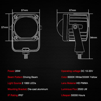 2-инчова LED светлина за шофиране Черен/Червен квадрат 20W LED работна светлина LED шушулки 6000K Бяло/3500K Жълто за офроуд кола, камион SUV, ATV, лодка