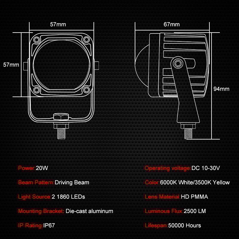 2 colių LED vairavimo šviesa juoda / raudona kvadratinė 20 W LED darbo šviesos LED lemputės 6000K balta / 3500K geltona, skirta visureigiams visureigiams keturračiams