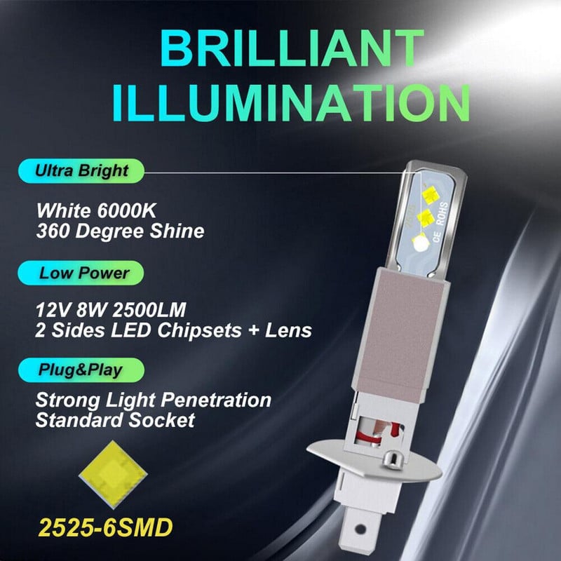 2 vnt. H1LED lempos automobiliams priekinių žibintų lemputės deimantinės 360 laipsnių šviesos kampo priekinių žibintų lemputės Ip67 vandeniui atsparios lemputės rūko automobilių žibintų rinkiniai