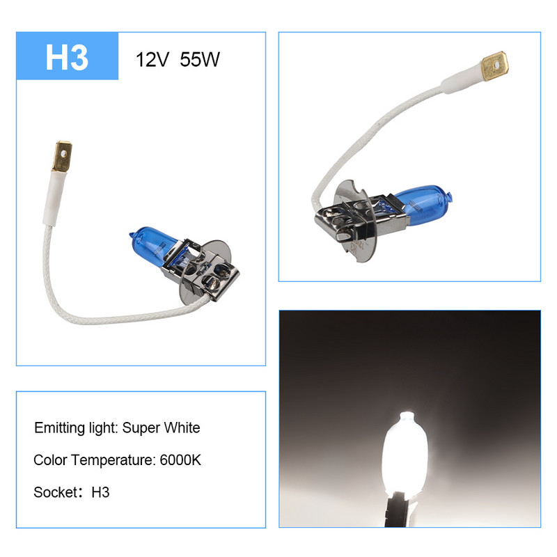 FISHBERG H3 Super Bright halogeninės lemputės H1 H4 H7 H11 9005 HB3 9006 HB4 55W 12V 5000K Automobilio priekiniai rūko žibintai vairavimo žibintas baltas