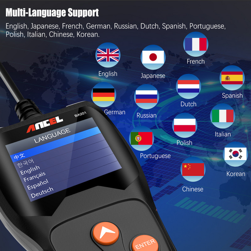 Ancel BA201 Tester baterie auto Analizor baterie 220Ah 2000CCA Încărcare tensiune Încărcare rapidă cu pornire Test de încărcare auto 12V