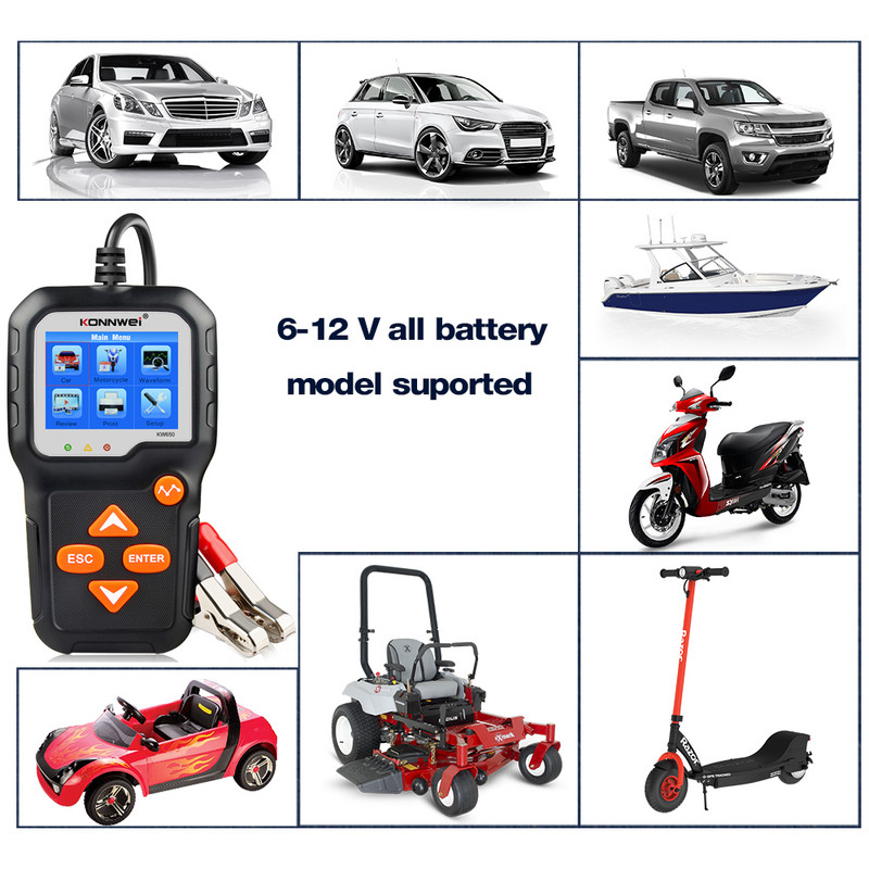 KONNWEI KW650 autó motorkerékpár akkumulátor teszter 12V 6V akkumulátor rendszer elemző 2000CCA töltés indító tesztelő eszközök az autóhoz