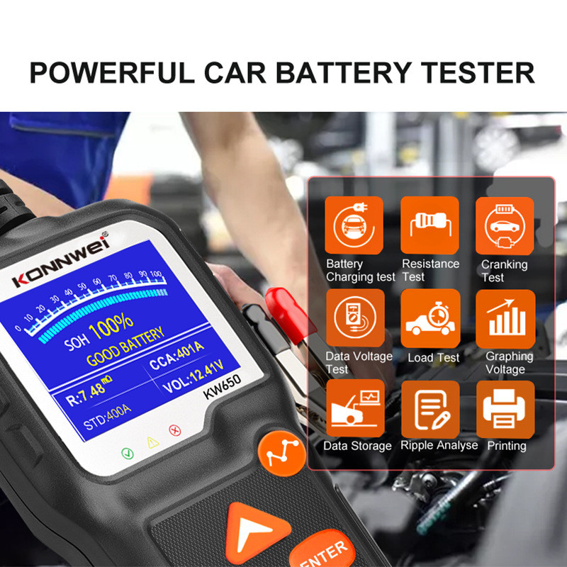 KONNWEI KW650 autó motorkerékpár akkumulátor teszter 12V 6V akkumulátor rendszer elemző 2000CCA töltés indító tesztelő eszközök az autóhoz