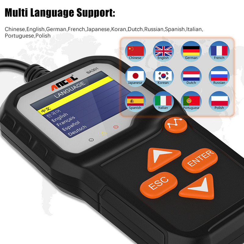 ANCEL BA301 Tester baterie auto pentru tester baterie motocicletă cu 6 tensiuni Analizor auto 12V 100 până la 2000 CCA Tester baterie PK KW650