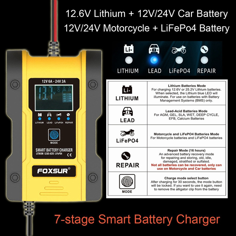 FOXSUR 12V/24V autós akkumulátortöltő 6A 12,6V lítium akkumulátortöltő Intelligens akkumulátortöltő motorkerékpárokhoz