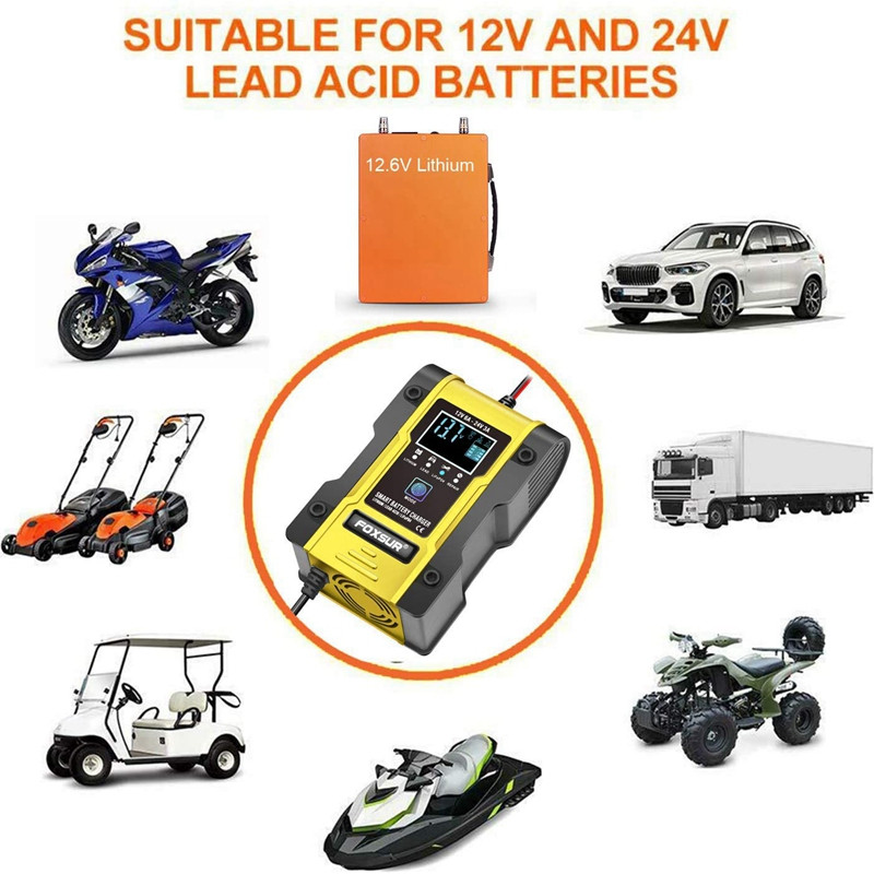 FOXSUR 12V/24V autós akkumulátortöltő 6A 12,6V lítium akkumulátortöltő Intelligens akkumulátortöltő motorkerékpárokhoz