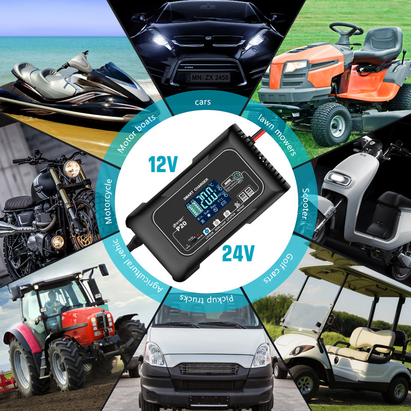 HTRC 20A 12V-24V nutikas akulaadija mootorrataste autoakude parandamiseks auto Moto pliihappega AGM GEL PB liitium LiFePo4 aku