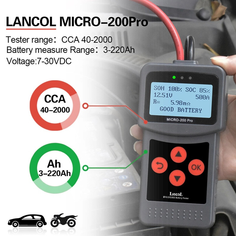12V 24V MICRO-200 PRO autóakkumulátor teszter digitális akkumulátorelemző többnyelvű AGM EFB gél CCA BCI CA MCA JIS DIN IEC szkenner