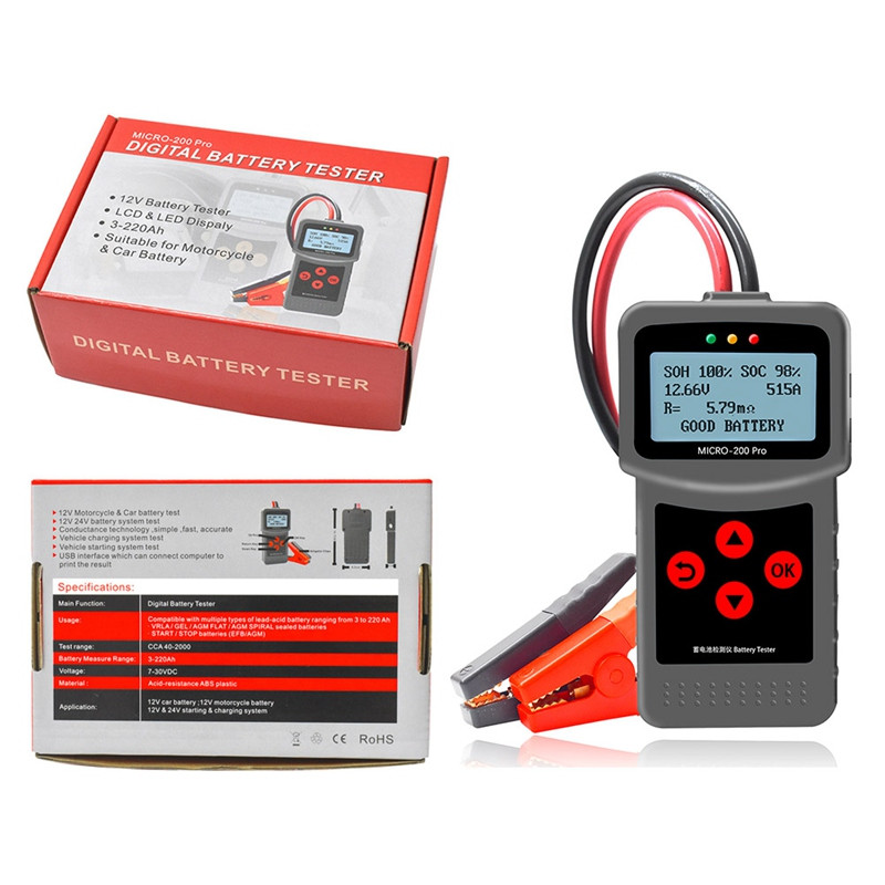 12V 24V MICRO-200 PRO autóakkumulátor teszter digitális akkumulátorelemző többnyelvű AGM EFB gél CCA BCI CA MCA JIS DIN IEC szkenner