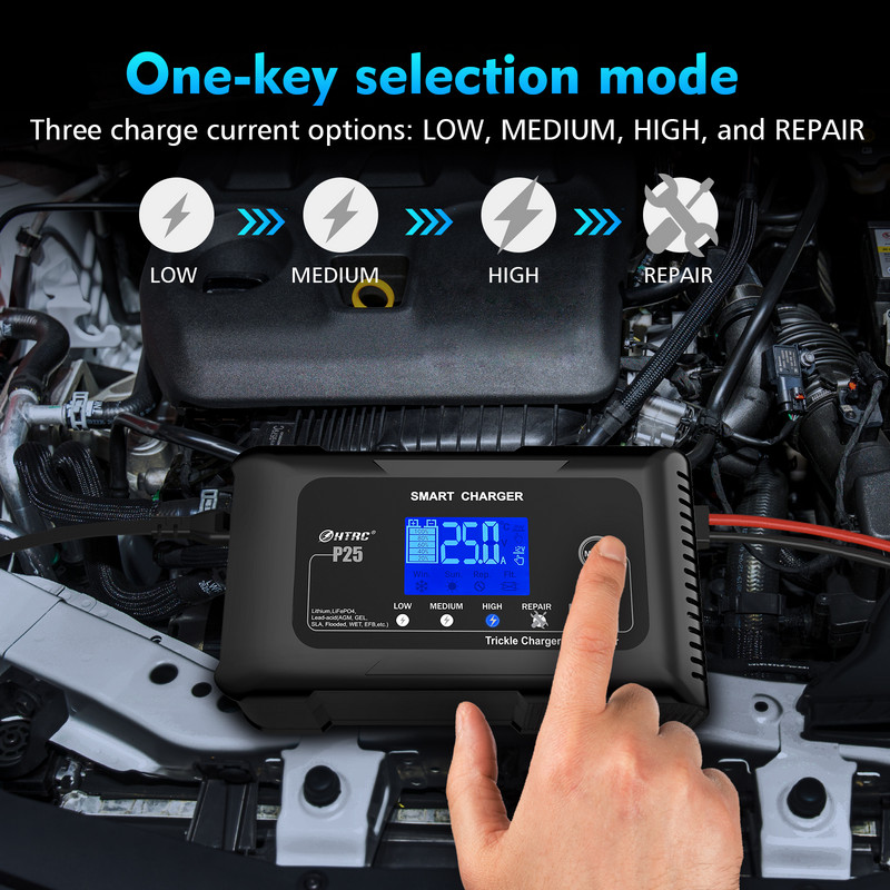 HTRC 12V 25A automobilinis akumuliatoriaus įkroviklis 24V 13A LCD remonto įkroviklis sunkvežimių motociklų švino rūgšties Lifepo4 akumuliatoriui AGM GEL Lithium