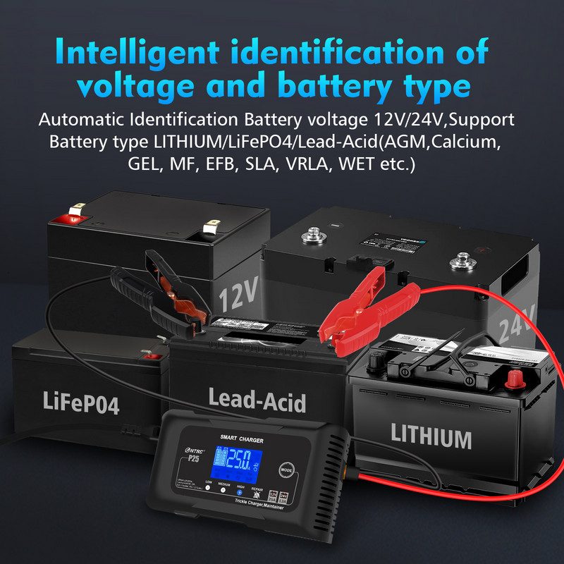 HTRC 12V 25A automobilinis akumuliatoriaus įkroviklis 24V 13A LCD remonto įkroviklis sunkvežimių motociklų švino rūgšties Lifepo4 akumuliatoriui AGM GEL Lithium