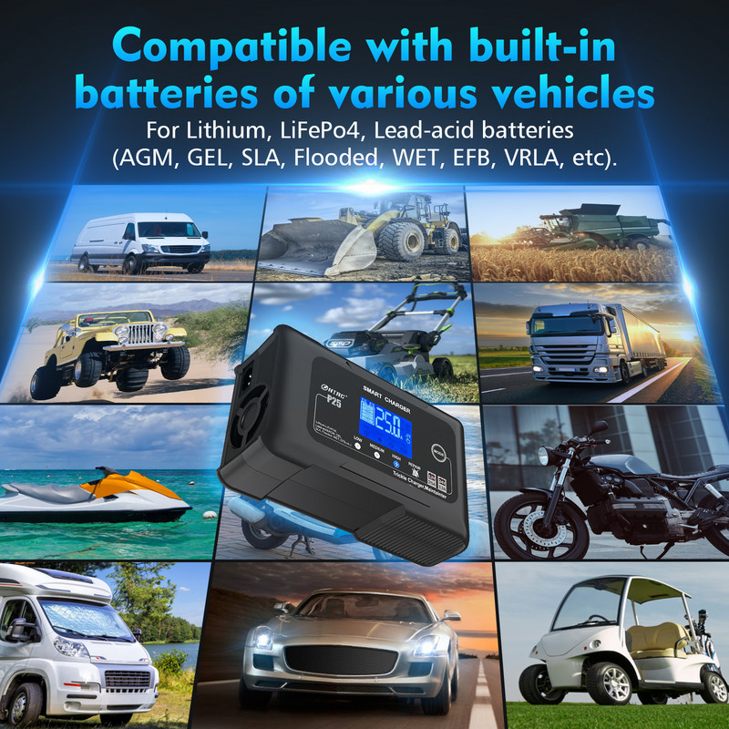 HTRC 12V 25A automobilinis akumuliatoriaus įkroviklis 24V 13A LCD remonto įkroviklis sunkvežimių motociklų švino rūgšties Lifepo4 akumuliatoriui AGM GEL Lithium