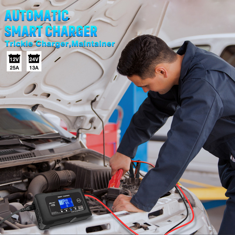 HTRC 12V 25A automobilinis akumuliatoriaus įkroviklis 24V 13A LCD remonto įkroviklis sunkvežimių motociklų švino rūgšties Lifepo4 akumuliatoriui AGM GEL Lithium