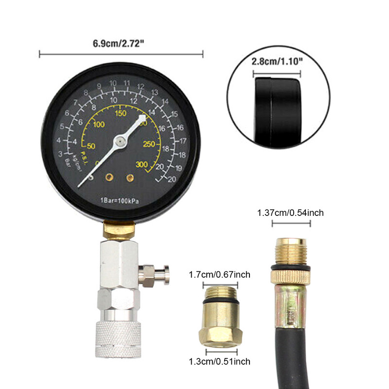 Tester de compresie a motorului auto profesional, reutilizabil, pentru reparații, furtun de cauciuc universal de 11 inchi, indicator de testare auto