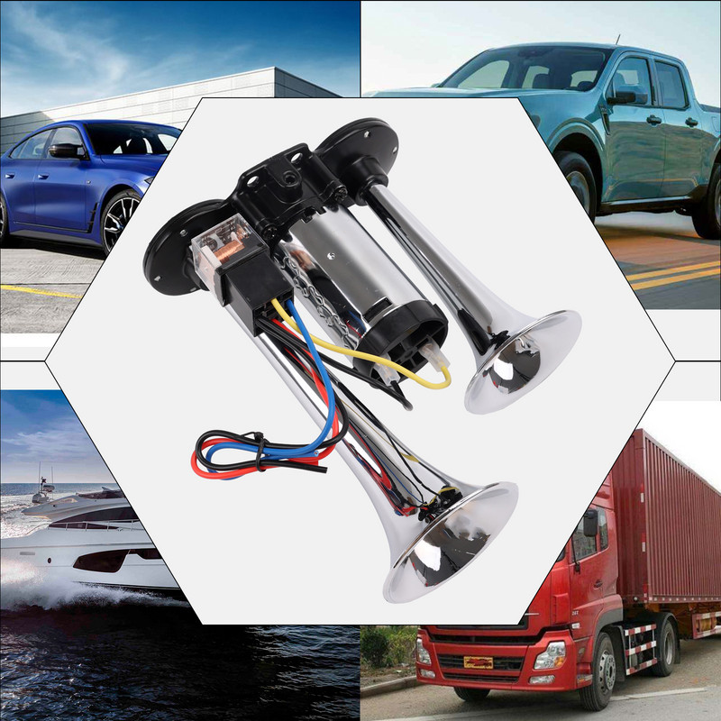 FARBIN 12V claxon de aer cu tub dublu claxon de pompă unit super tare cu compresor releu pentru vehicul, camion, barcă, accesoriu pentru motociclete