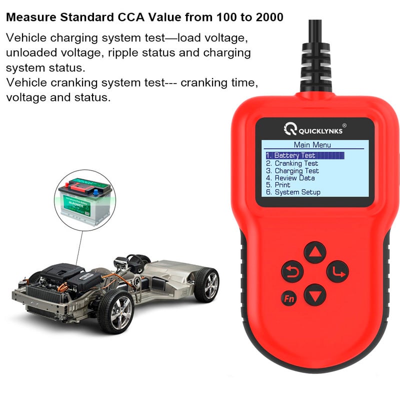 Tester de baterii QUICKLYNKS BA106 12V Tester de baterii cu litiu și plumb-acid Analizor Pornire și încărcare a mașinii Instrument de testare 100-2000CCA