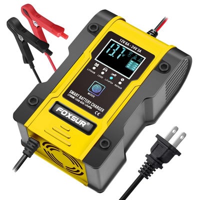 Încărcător baterie auto FOXSUR 12V/24V 6A 12.6V încărcător baterie litiu Încărcător inteligent pentru motocicletă