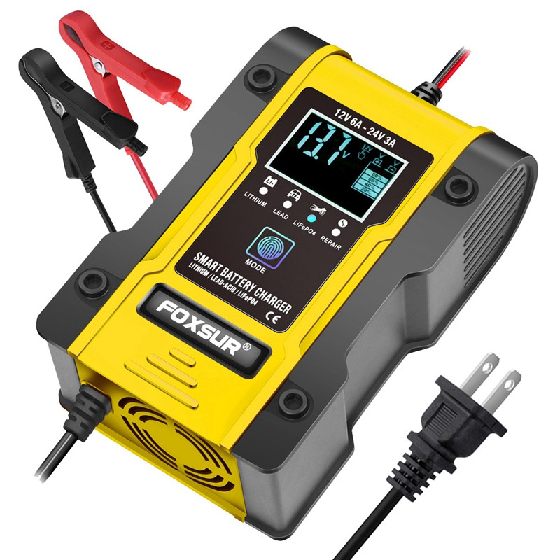 Încărcător baterie auto FOXSUR 12V/24V 6A 12.6V încărcător baterie litiu Încărcător inteligent pentru motocicletă
