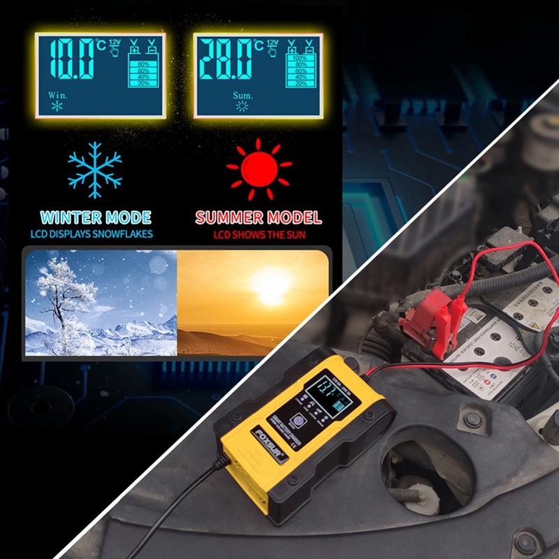 Încărcător baterie auto FOXSUR 12V/24V 6A 12.6V încărcător baterie litiu Încărcător inteligent pentru motocicletă