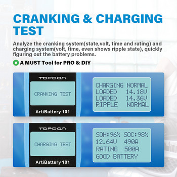 TOPDON AB101 6V/12V Δοκιμή μπαταρίας αυτοκινήτου Δοκιμή τάσης μπαταρίας Auto Charger Analyzer 2000CCA Car Cranking Charging Circut Tester