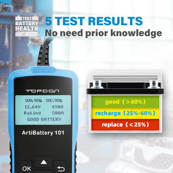 TOPDON AB101 6V/12V тестер за автомобилна батерия Тест за напрежение на батерията Автоматичен анализатор на зарядно устройство 2000CCA Тестер за верига за зареждане на кола