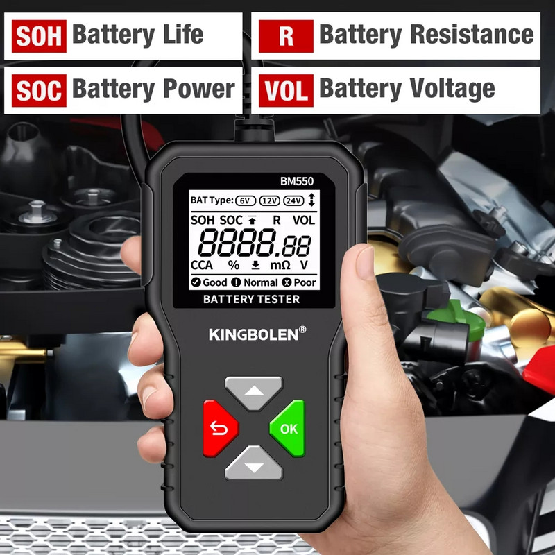 KINGBOLEN BM550 automobilio akumuliatoriaus tikrinimo įrankiai OBD2 6V 12V 24V 100-2000CCA akumuliatorių sistemos aptikimo automatinio analizatoriaus automobilio diagnostikos įrankis