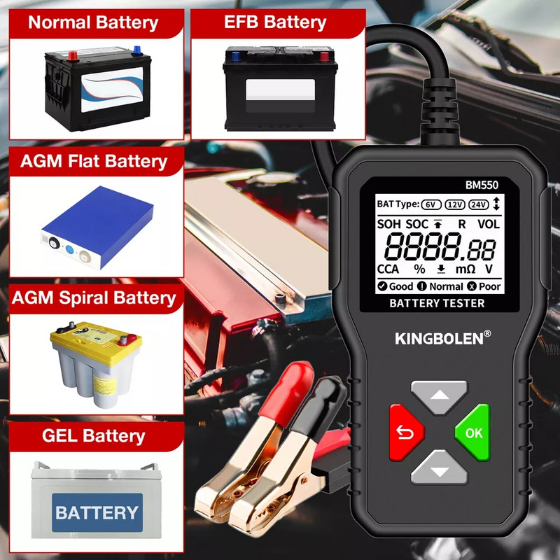 KINGBOLEN BM550 automobilio akumuliatoriaus tikrinimo įrankiai OBD2 6V 12V 24V 100-2000CCA akumuliatorių sistemos aptikimo automatinio analizatoriaus automobilio diagnostikos įrankis