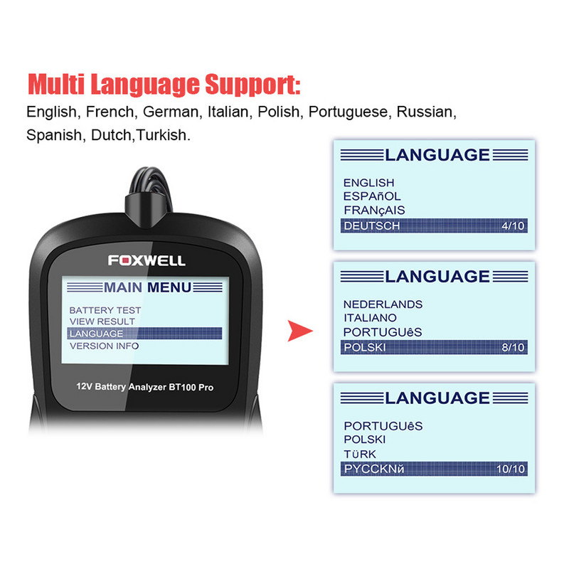 Tester de baterie auto FOXWELL BT100 PRO 6V 12V pentru GEL AGM inundat 100 până la 1100CCA 200AH Instrument de diagnosticare pentru analizator de sănătate a bateriei