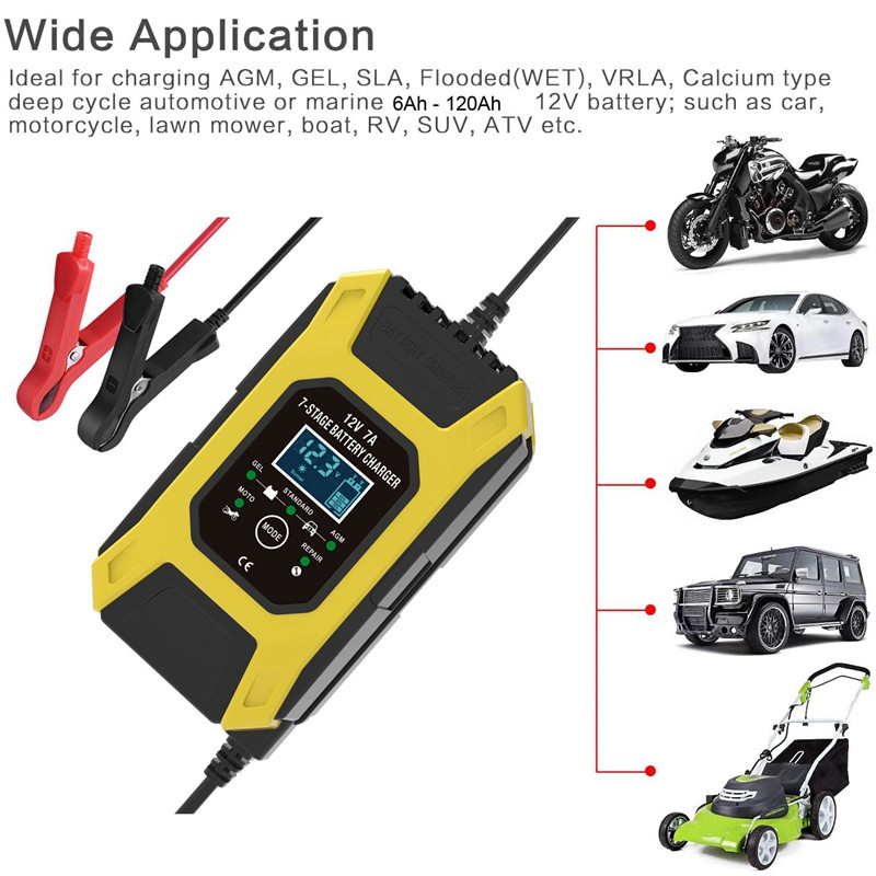FOXSUR 12V 7A 7 fokozatú impulzusos akkumulátor töltés EFB GEL WET AGM autós motorkerékpár akkumulátortöltőhöz