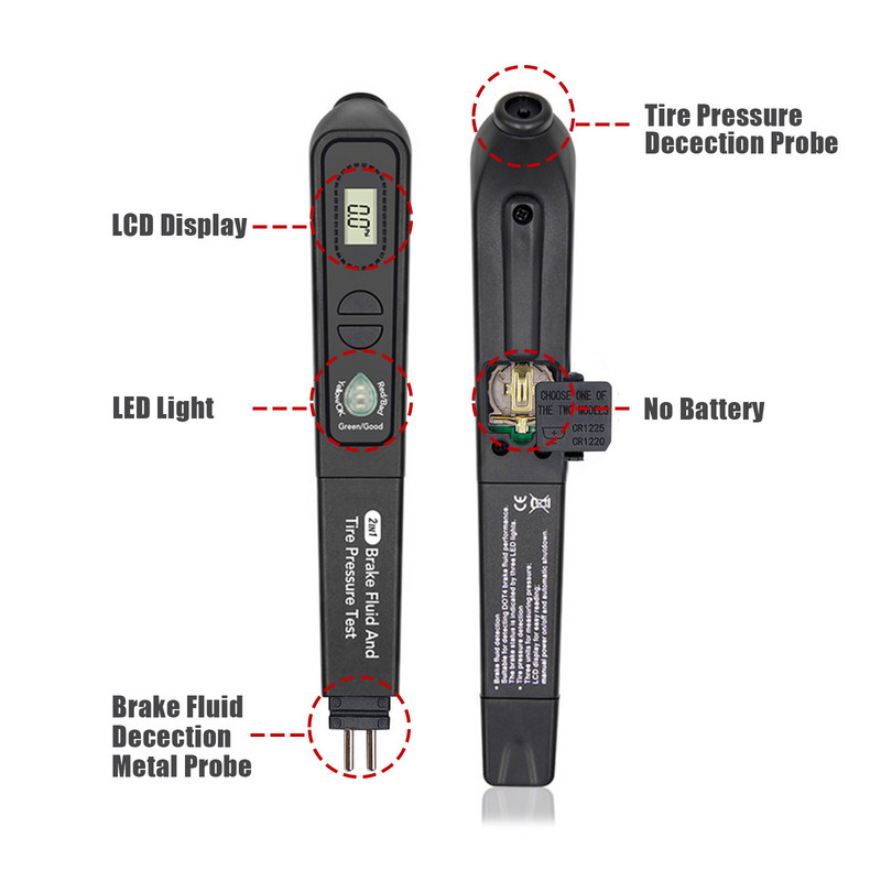 Tester digital 2 în 1 pentru lichidul de frână a uleiului de mașină 3 LED-uri pentru testarea presiunii în anvelope Pen Diagnostic Tpms Tester automat pentru manometrul presiunii în anvelope