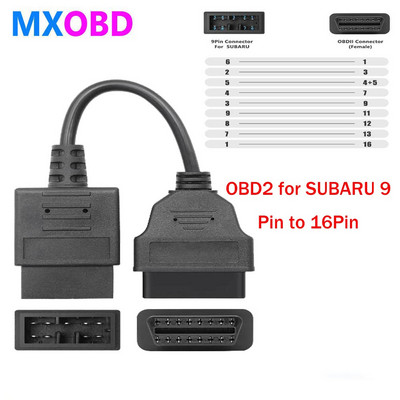 OBD2 priekš SUBARU 9 kontaktu vīrieša 9 kontaktu uz 16 kontaktu OBD 2 OBDII diagnostikas rīka obd kabelis, kas pārveidots par 16 kontaktu mātītes interfeisa automātisko skenēšanu