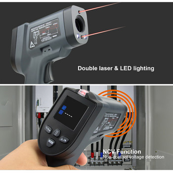 Ψηφιακό υπέρυθρο θερμόμετρο μονού/διπλού λέιζερ όπλο θερμόμετρο χωρίς επαφή Βιομηχανικός μετρητής υψηλής θερμοκρασίας έγχρωμη οθόνη LCD
