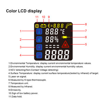 Цифров инфрачервен термометър, единичен/двоен лазер, безконтактен термометър, пистолет, промишлен високотемпературен измервател, цветен LCD дисплей