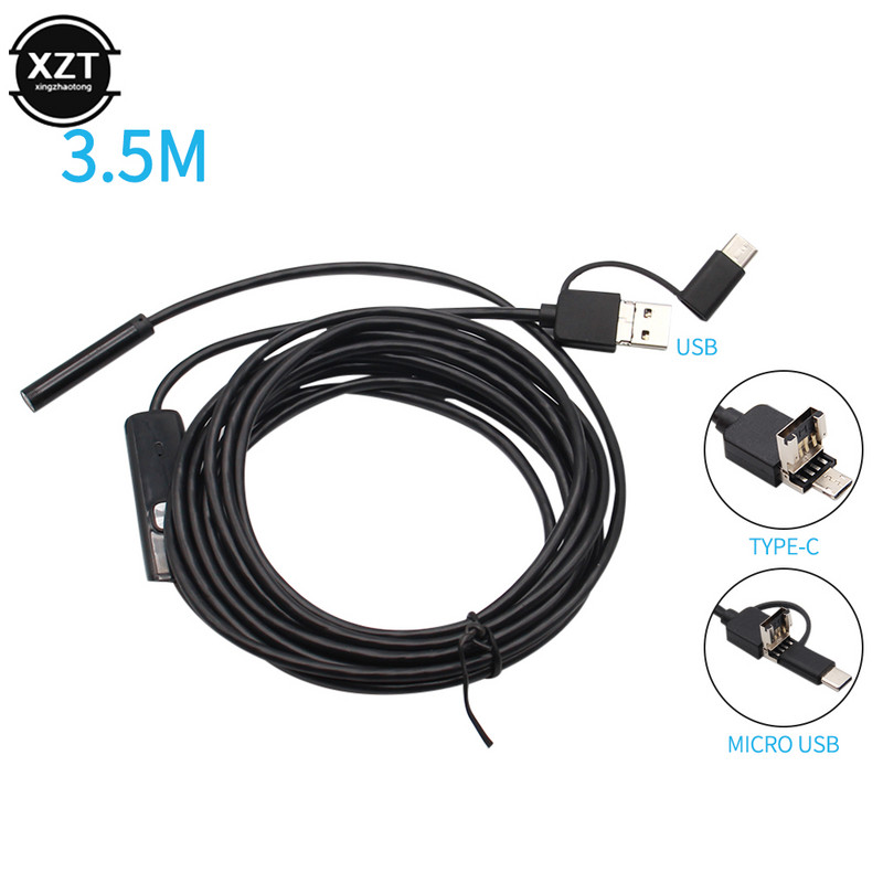 USB Endoszkóp kamera Rugalmas IP67 Vízálló 6 Állítható LED Autóellenőrző Borescope Kamera Micro USB OTG Type C Androidhoz