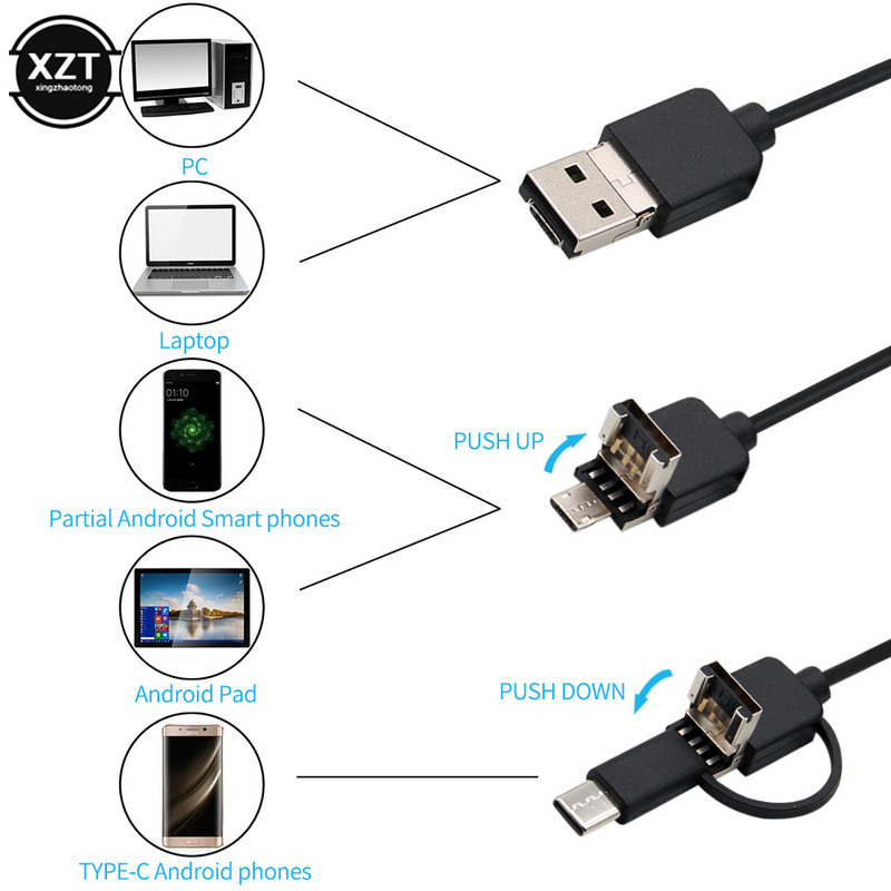 USB Endoszkóp kamera Rugalmas IP67 Vízálló 6 Állítható LED Autóellenőrző Borescope Kamera Micro USB OTG Type C Androidhoz